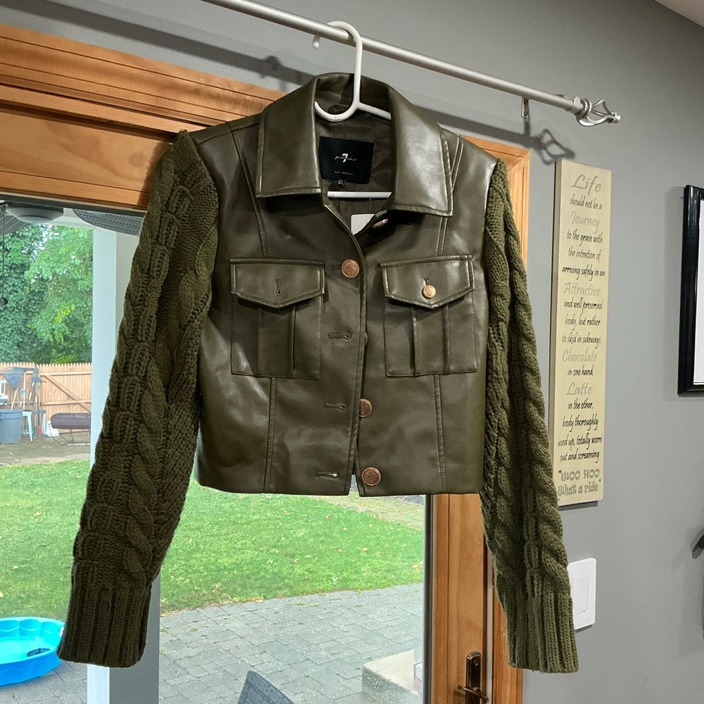 7 For All Mankind Olive Leather Jacket with Cable Knit Sleeves